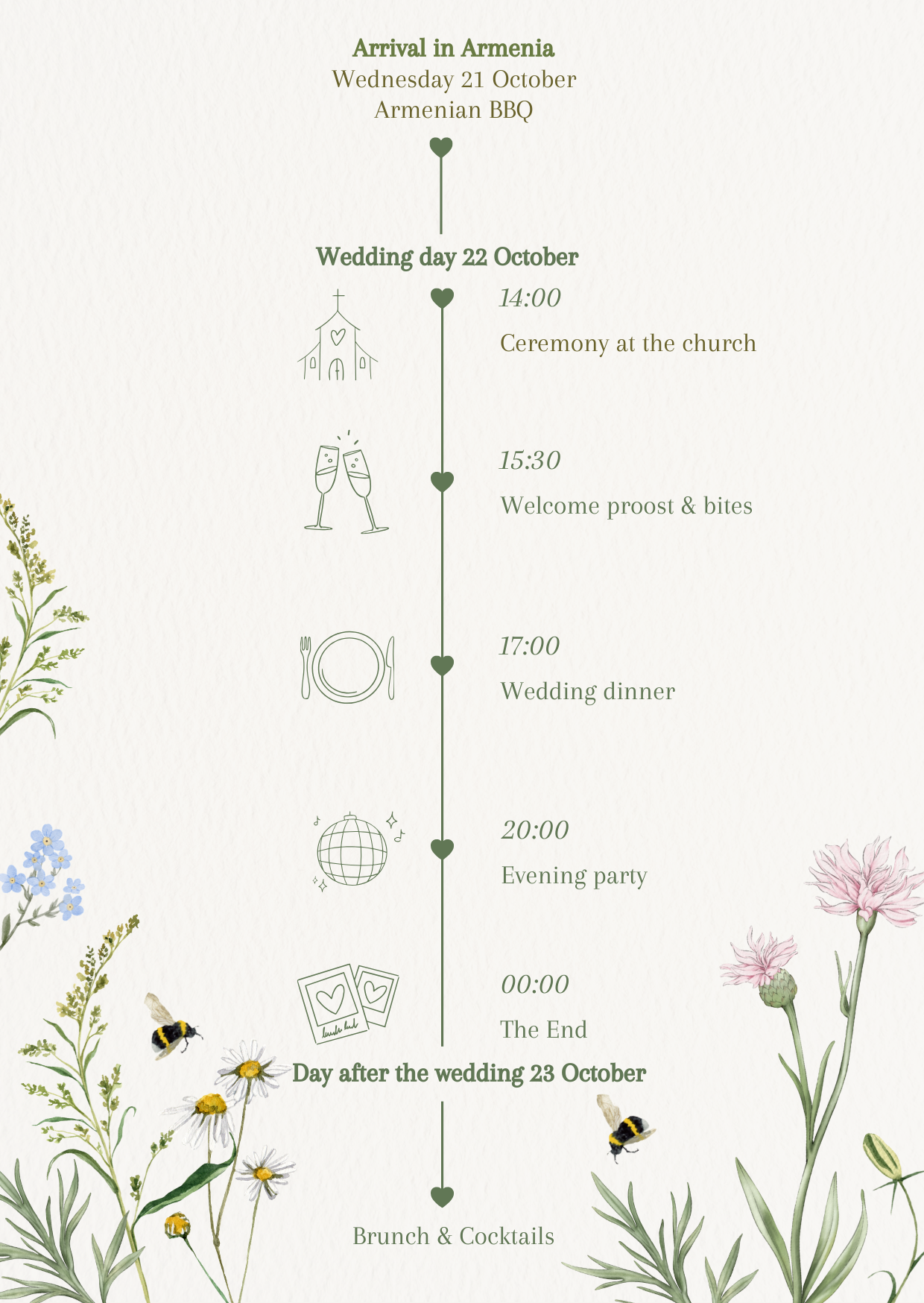 Wedding programme: Wednesday 21 October arrival in Armenia with Armenian BBQ; 22 October ceremony at 14:00, welcome drinks at 15:30, wedding dinner at 17:00, evening party at 20:00, the end at 00:00; 23 October brunch and cocktails
